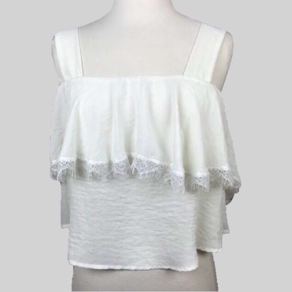 CAD Satin Lace Ruffle Crop Top Blouse crinkle